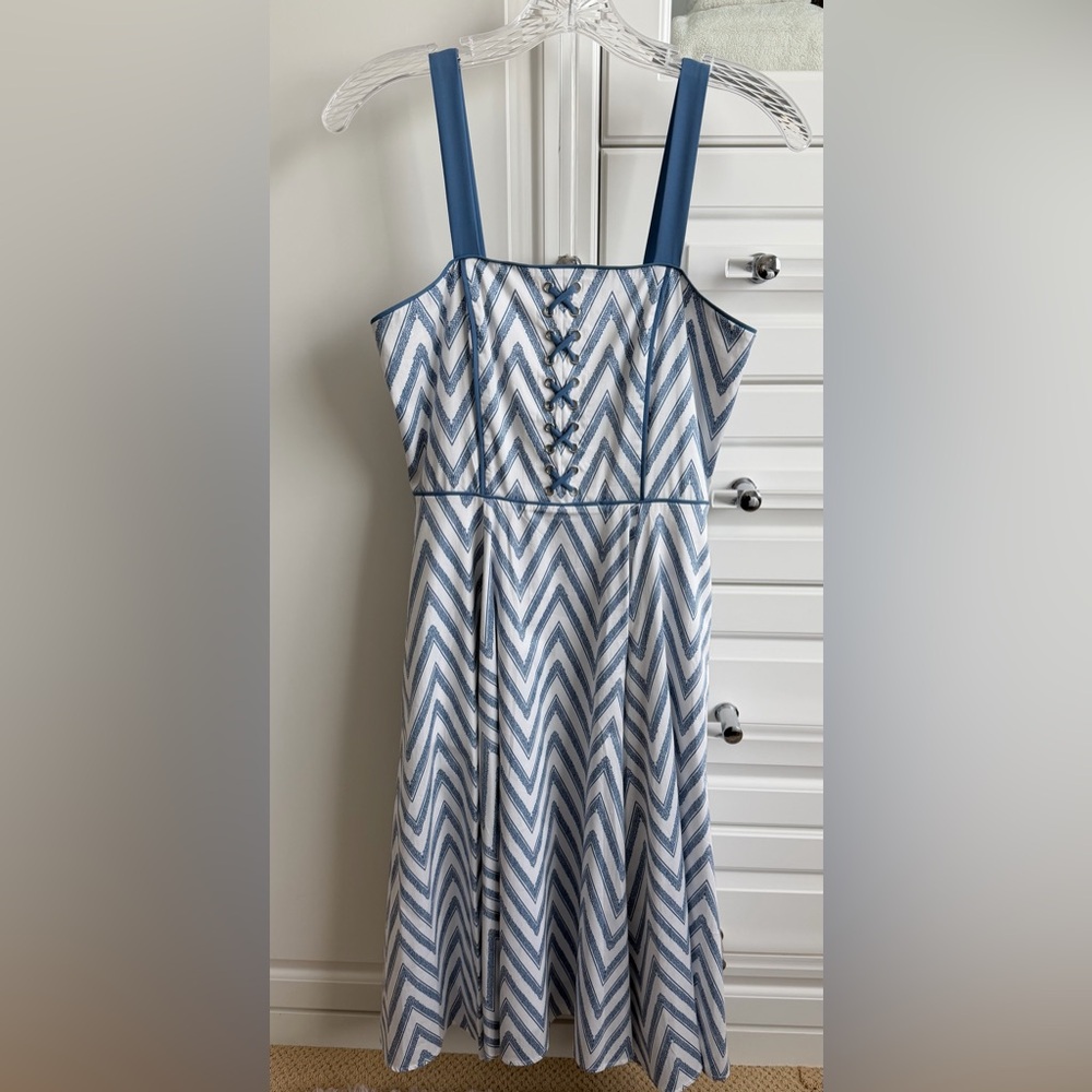 White House Black Market blue and white chevron spring dress